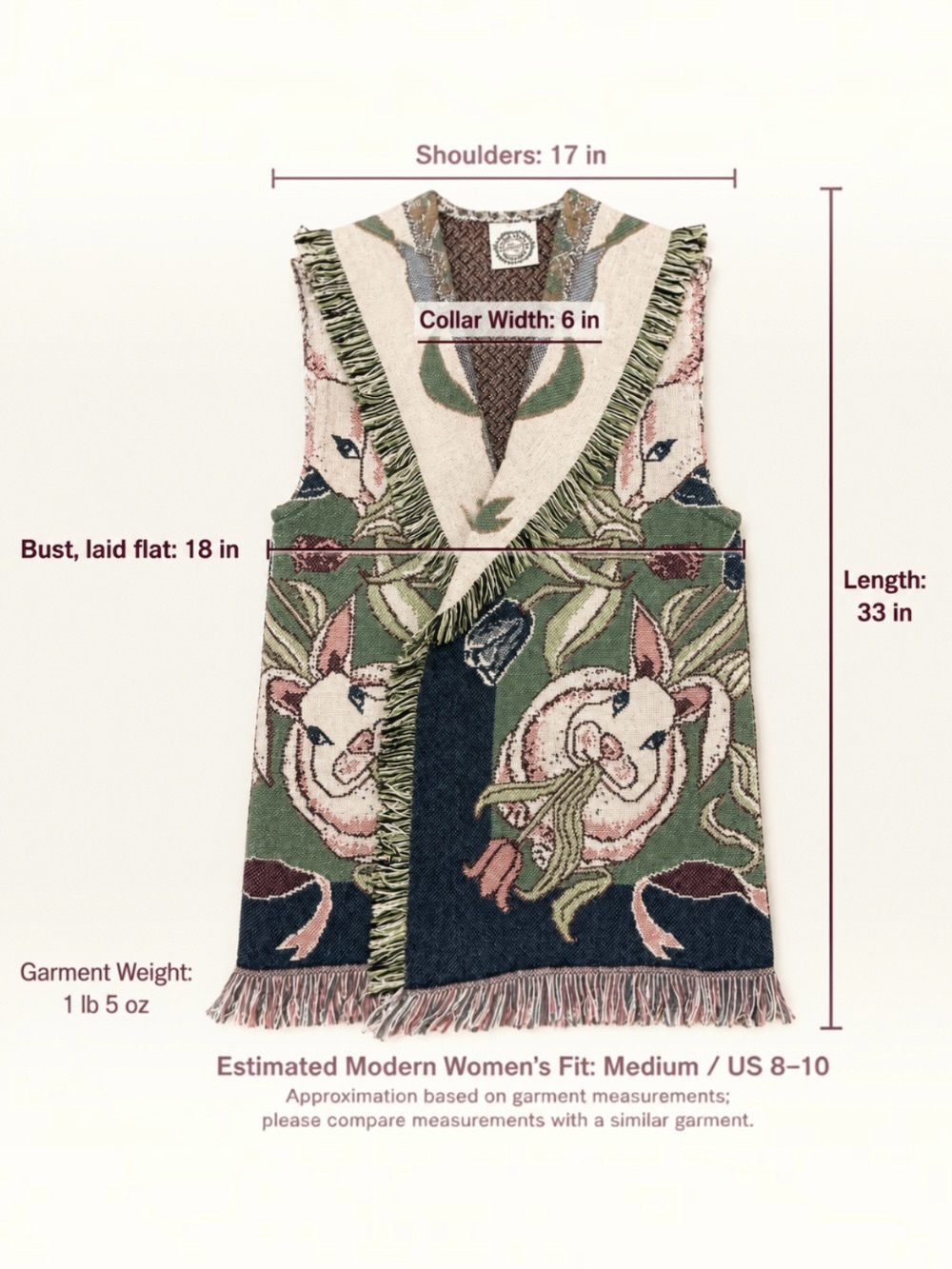 Sugar Street Weavers Rabbit Tulip Tapestry Fringe Vest M Cottagecore Folk Art - Picture 7 of 16